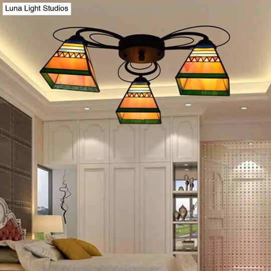 Tiffany Handcrafted Art Glass Semi Flush Light - Orange Pyramid Ceiling Mounted Fixture 3/7/8 Heads