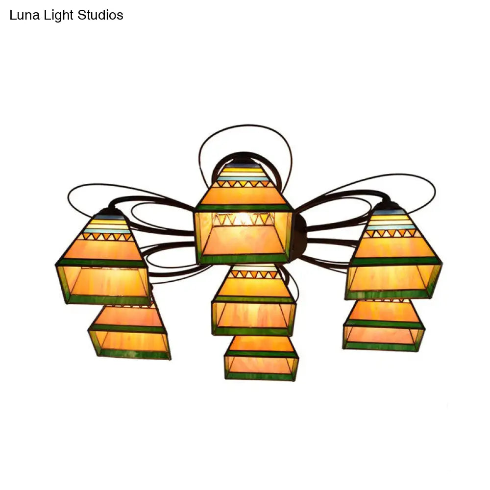 Tiffany Handcrafted Art Glass Semi Flush Light - Orange Pyramid Ceiling Mounted Fixture 3/7/8 Heads