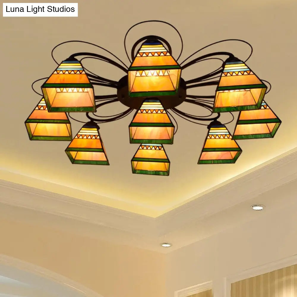 Tiffany Handcrafted Art Glass Semi Flush Light - Orange Pyramid Ceiling Mounted Fixture 3/7/8 Heads