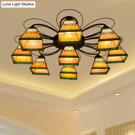 Tiffany Handcrafted Art Glass Semi Flush Light - Orange Pyramid Ceiling Mounted Fixture 3/7/8 Heads