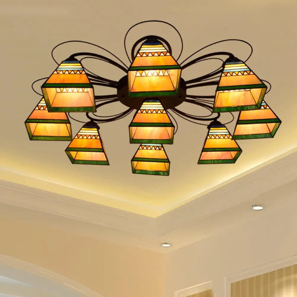 Tiffany Handcrafted Art Glass Semi Flush Light - Orange Pyramid Ceiling Mounted Fixture 3/7/8 Heads