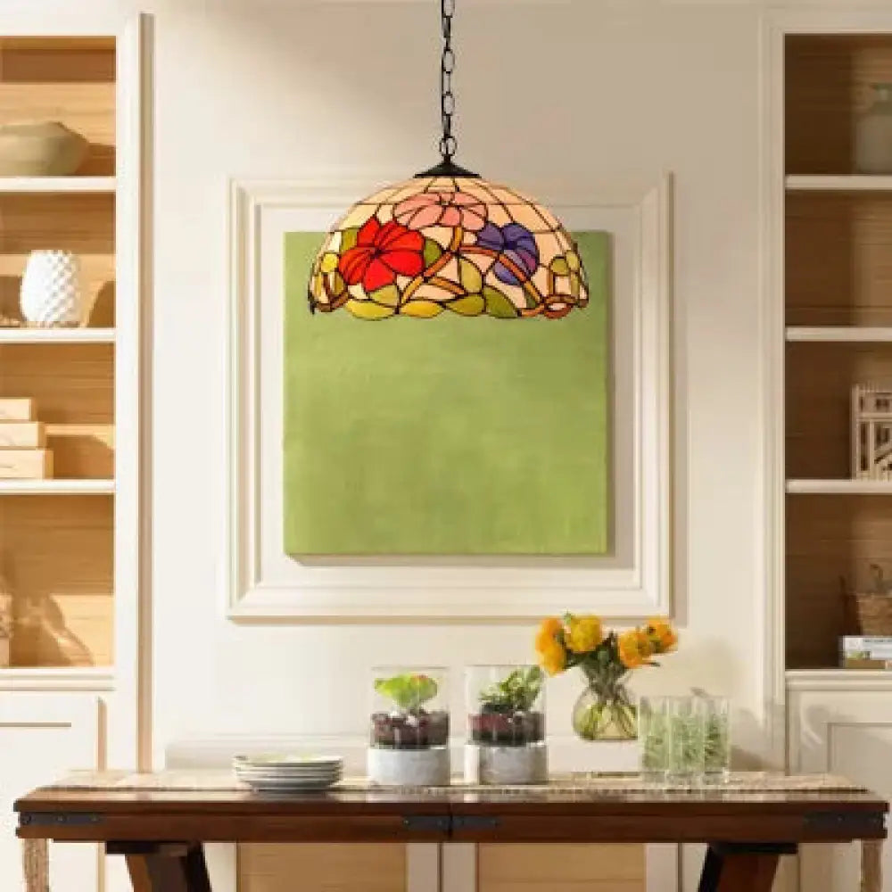 Tiffany Handcrafted Flower Pattern Dome Ceiling Light - 1 Head Black 8’/12’/16’ Width / 12’