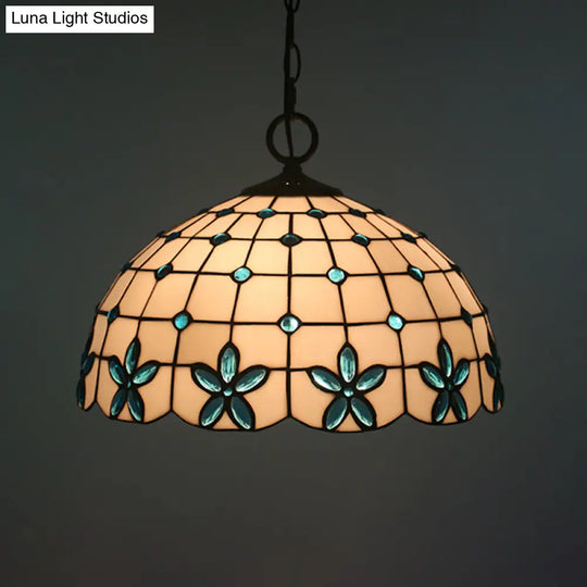 Tiffany Lattice Bowl White Glass Jeweled Flower Pendant Light Kit For Dining Room