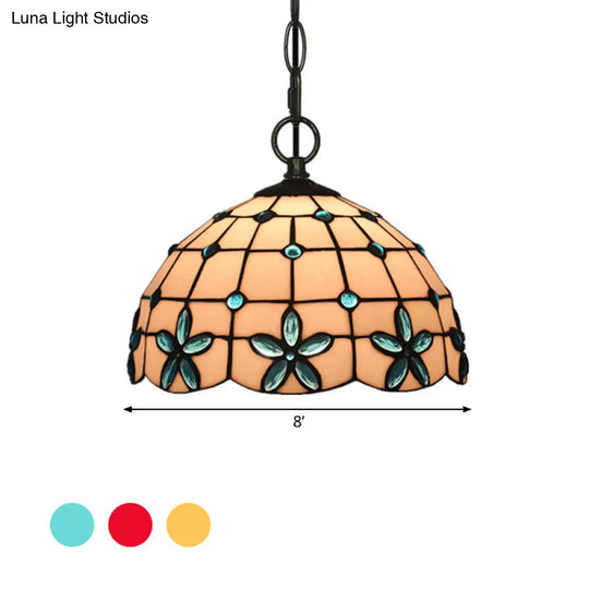 White Glass Tiffany Lattice Pendant Light With Jeweled Flower Detail - Hanging Lighting Kit For