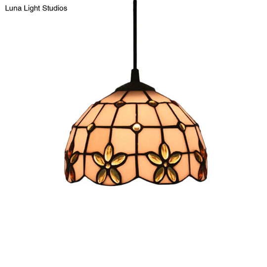 White Glass Tiffany Lattice Pendant Light With Jeweled Flower Detail - Hanging Lighting Kit For