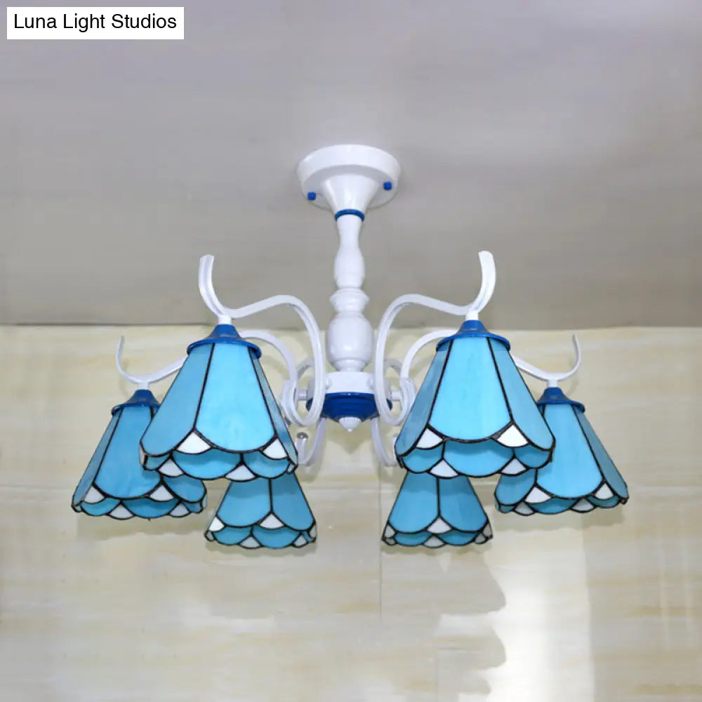 Tiffany Lodge Ceiling Light: Conical Semi Flush With Stained Glass In White/Blue (6 Lights)