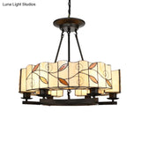 Tiffany Lodge Pendant Light - Stained Glass Drum Chandelier With Leaf Accent Adjustable Hanging In