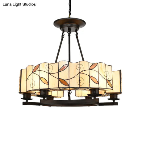 Tiffany Lodge Pendant Light - Stained Glass Drum Chandelier With Leaf Accent Adjustable Hanging In