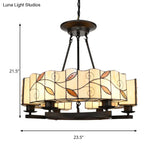 Tiffany Lodge Pendant Light - Stained Glass Drum Chandelier With Leaf Accent Adjustable Hanging In