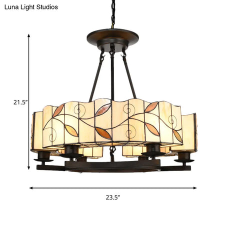 Tiffany Lodge Pendant Light - Stained Glass Drum Chandelier With Leaf Accent Adjustable Hanging In