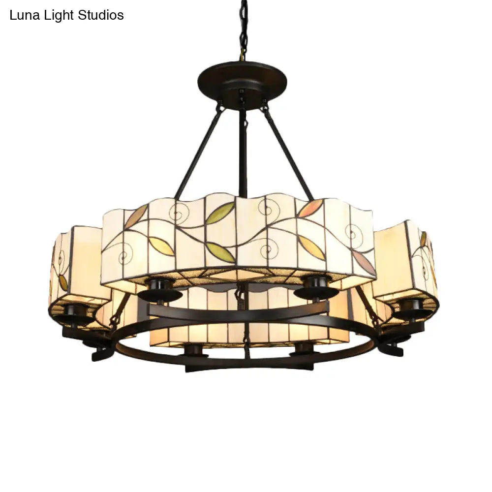 Tiffany Lodge Pendant Light - Stained Glass Drum Chandelier With Leaf Accent Adjustable Hanging In