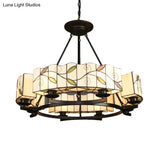 Tiffany Lodge Pendant Light - Stained Glass Drum Chandelier With Leaf Accent Adjustable Hanging In