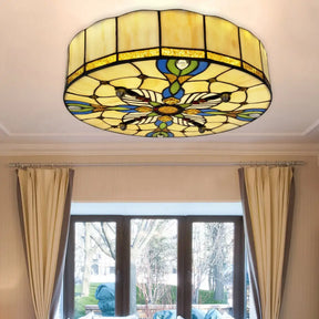Tiffany Lodge Stained Glass Ceiling Light With Beige Shade - Perfect For Dining Room / 16’
