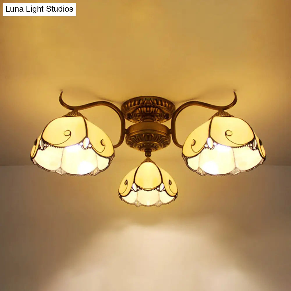 Tiffany Lodge Style Scalloped Semi Flush Ceiling Light With Stained Glass 3 Lights Beige/Clear Beige