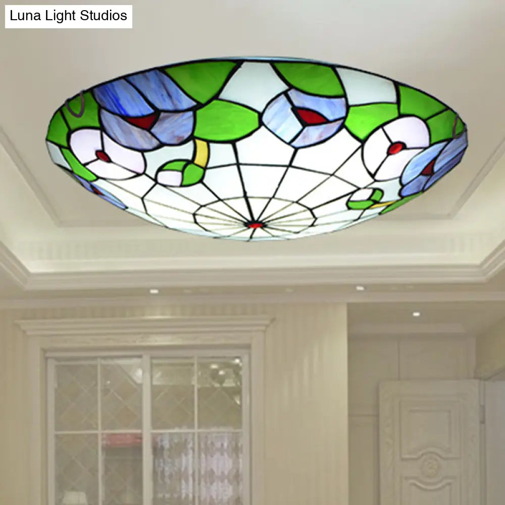 Tiffany Morning Glory Stained Glass Flush Mount Ceiling Light - Green