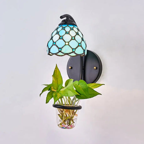 Tiffany Multicolor Stained Glass Dome Sconce Light Fixture - 1 Head Red/Orange-Yellow/Blue Wall