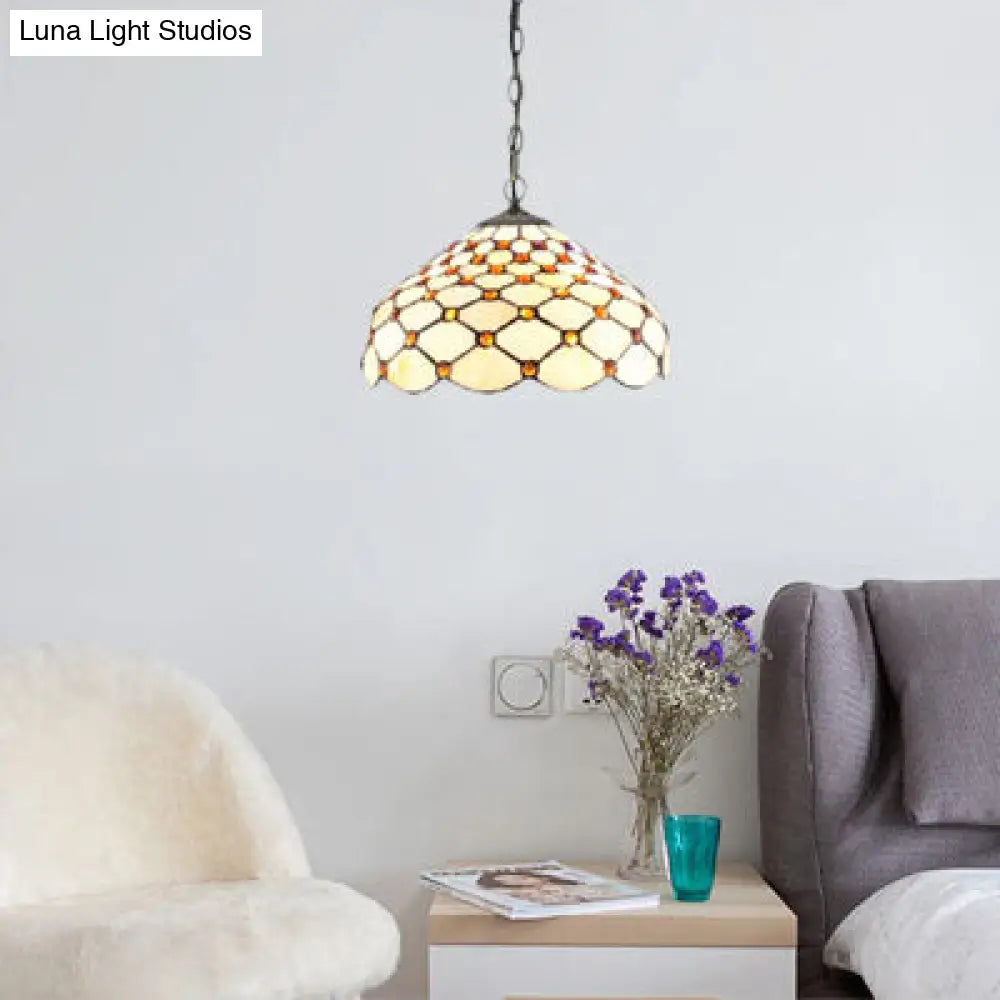 Tiffany Stained Glass Pendant Light With Multicolored Dome For Living Room White