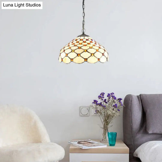 Tiffany Stained Glass Pendant Light With Multicolored Dome For Living Room White