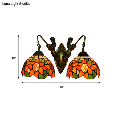Tiffany Orange Glass Sunflower Wall Lamp With 2 Heads - Bronze Sconce Light For Bedroom