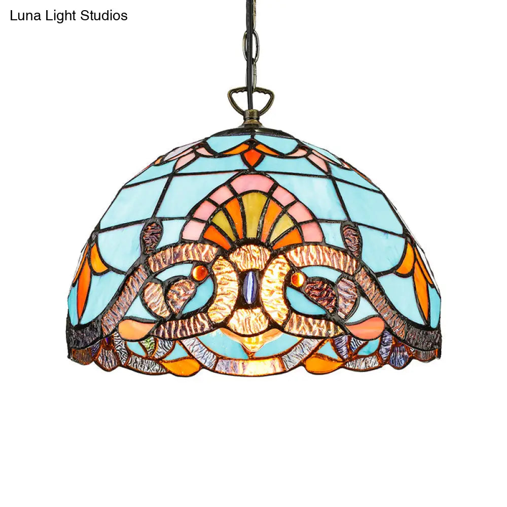 Tiffany Pendant Lighting For Kitchen Island - Sky Blue/Dark Blue Stained Glass Floral Ceiling