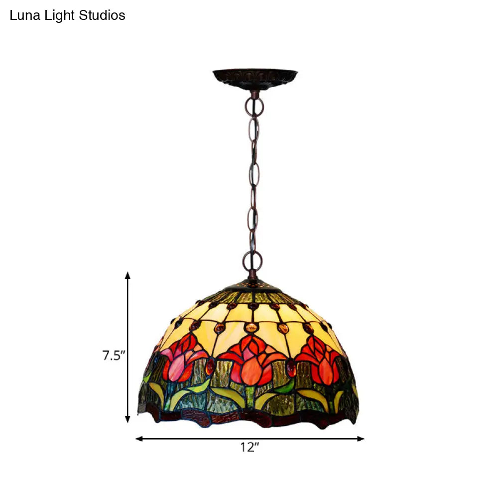 Tiffany Red/Green Cut Glass Chandelier Light - 1/2 Lights Suspended Lamp For Kitchen (12’/16’ W)