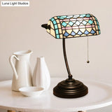 Tiffany Rhombus Patterned Desk Lamp With Cut Glass Pull Chain In Brown/Blue/Green/White