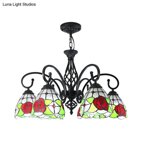 Tiffany Rose Chandelier Pendant Light - 6-Light Stained Glass Red-Indoor Lighting For Living Room