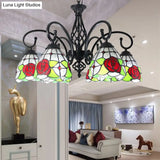 Tiffany Rose Chandelier Pendant Light - 6-Light Stained Glass Red-Indoor Lighting For Living Room