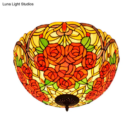 Tiffany Rose/Grape Flush Mount Lamp - Bronze Finish Stained Glass 5 Bulbs Close To Ceiling Lighting