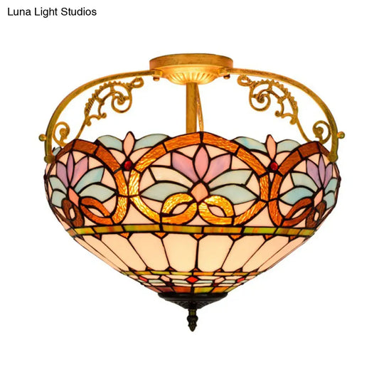 Tiffany Semi - Flush Kitchen Ceiling Light - 3 - Light Fixture With Stained Glass Bowl Shade