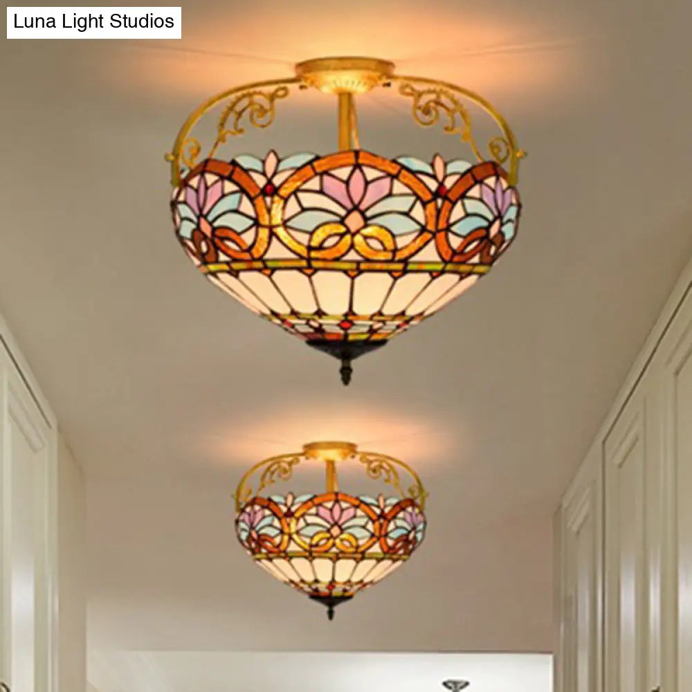 Tiffany Semi-Flush Kitchen Ceiling Light - 3-Light Fixture With Stained Glass Bowl Shade