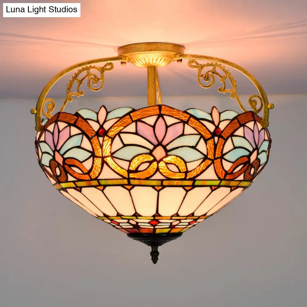 Tiffany Semi - Flush Kitchen Ceiling Light - 3 - Light Fixture With Stained Glass Bowl Shade