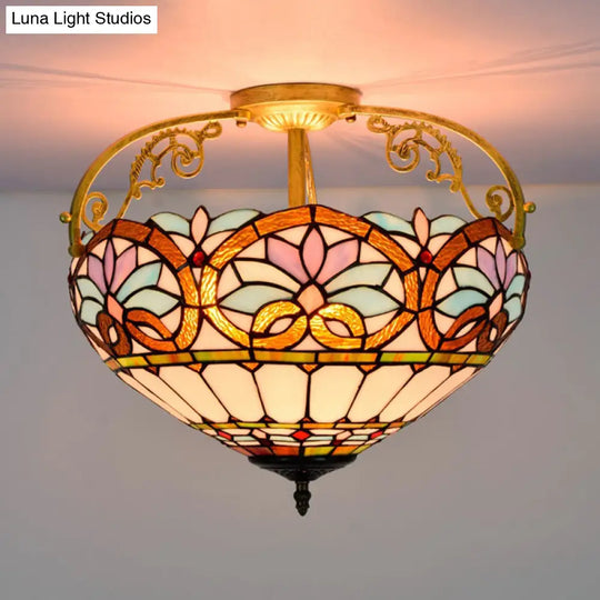 Tiffany Semi - Flush Kitchen Ceiling Light - 3 - Light Fixture With Stained Glass Bowl Shade