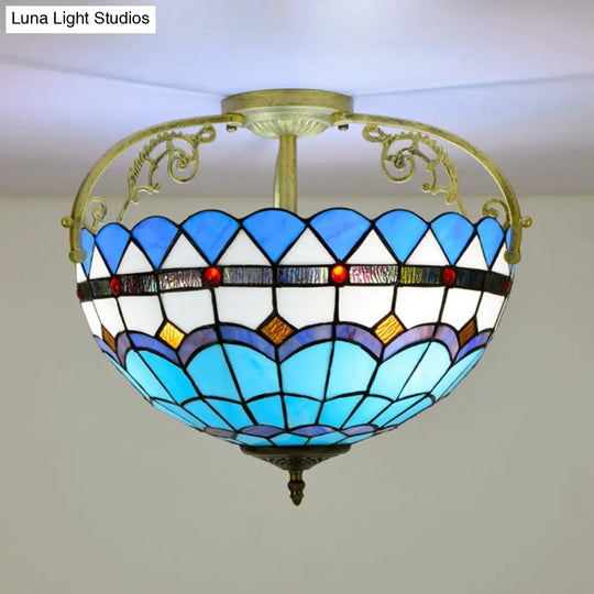 Tiffany Semi-Flush Kitchen Ceiling Light - 3-Light Fixture With Stained Glass Bowl Shade