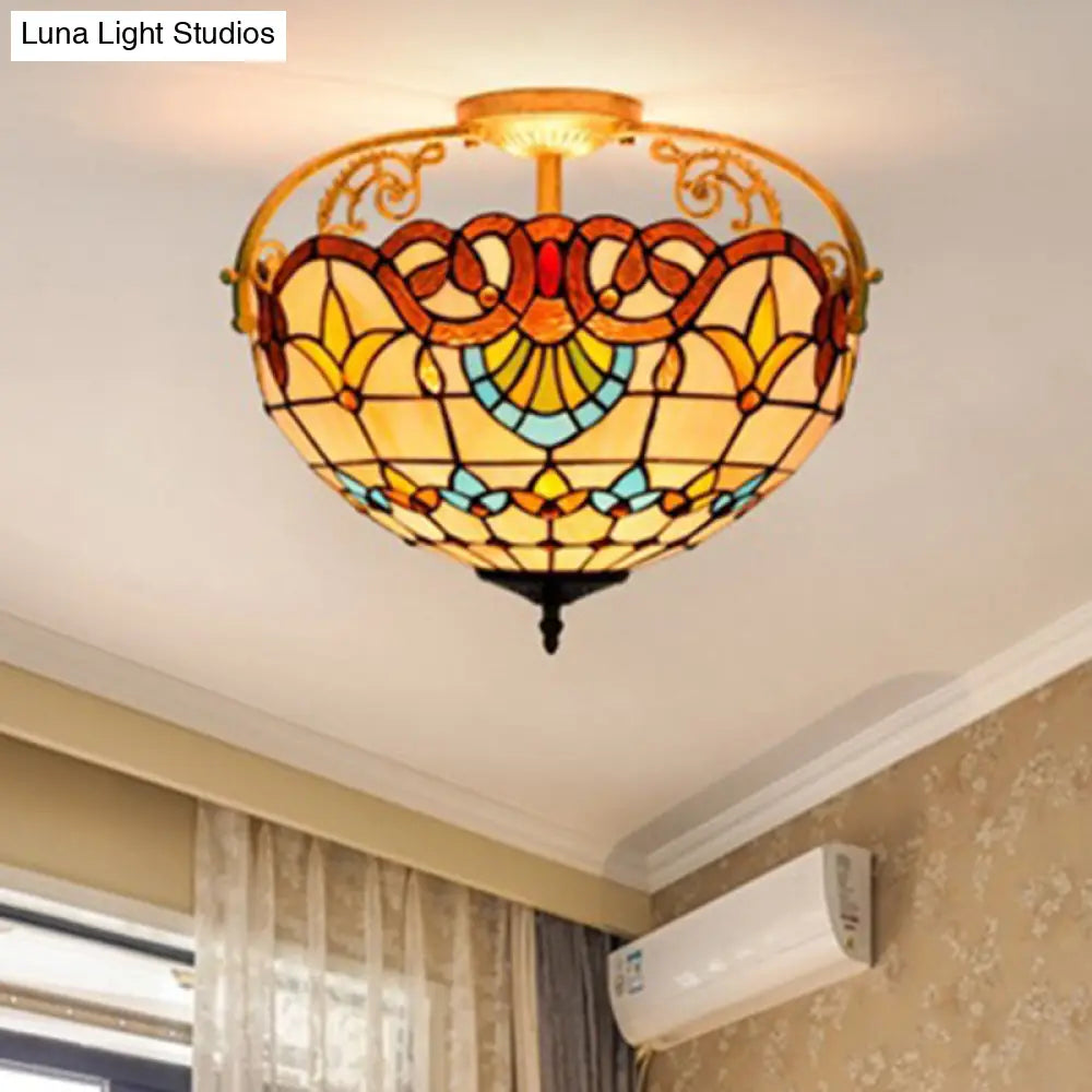 Tiffany Semi-Flush Kitchen Ceiling Light - 3-Light Fixture With Stained Glass Bowl Shade