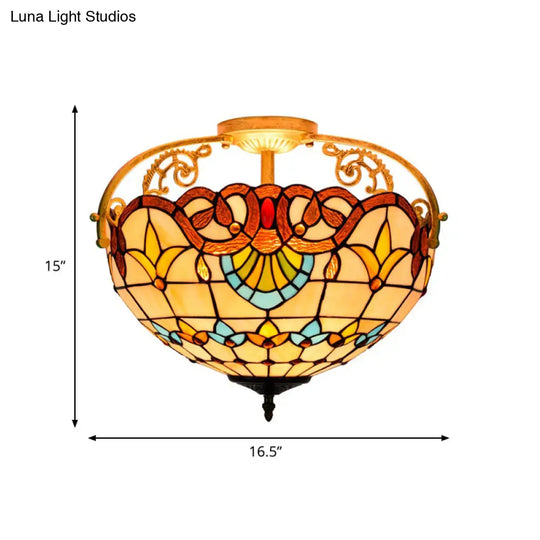 Tiffany Semi-Flush Kitchen Ceiling Light - 3-Light Fixture With Stained Glass Bowl Shade