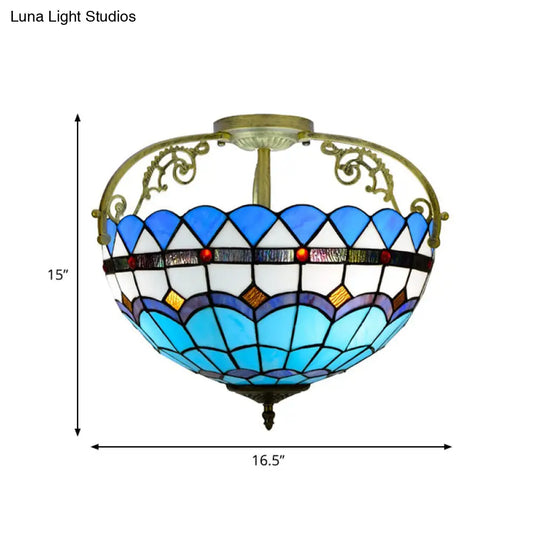 Tiffany Semi - Flush Kitchen Ceiling Light - 3 - Light Fixture With Stained Glass Bowl Shade