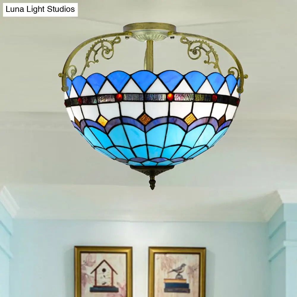 Tiffany Semi - Flush Kitchen Ceiling Light - 3 - Light Fixture With Stained Glass Bowl Shade