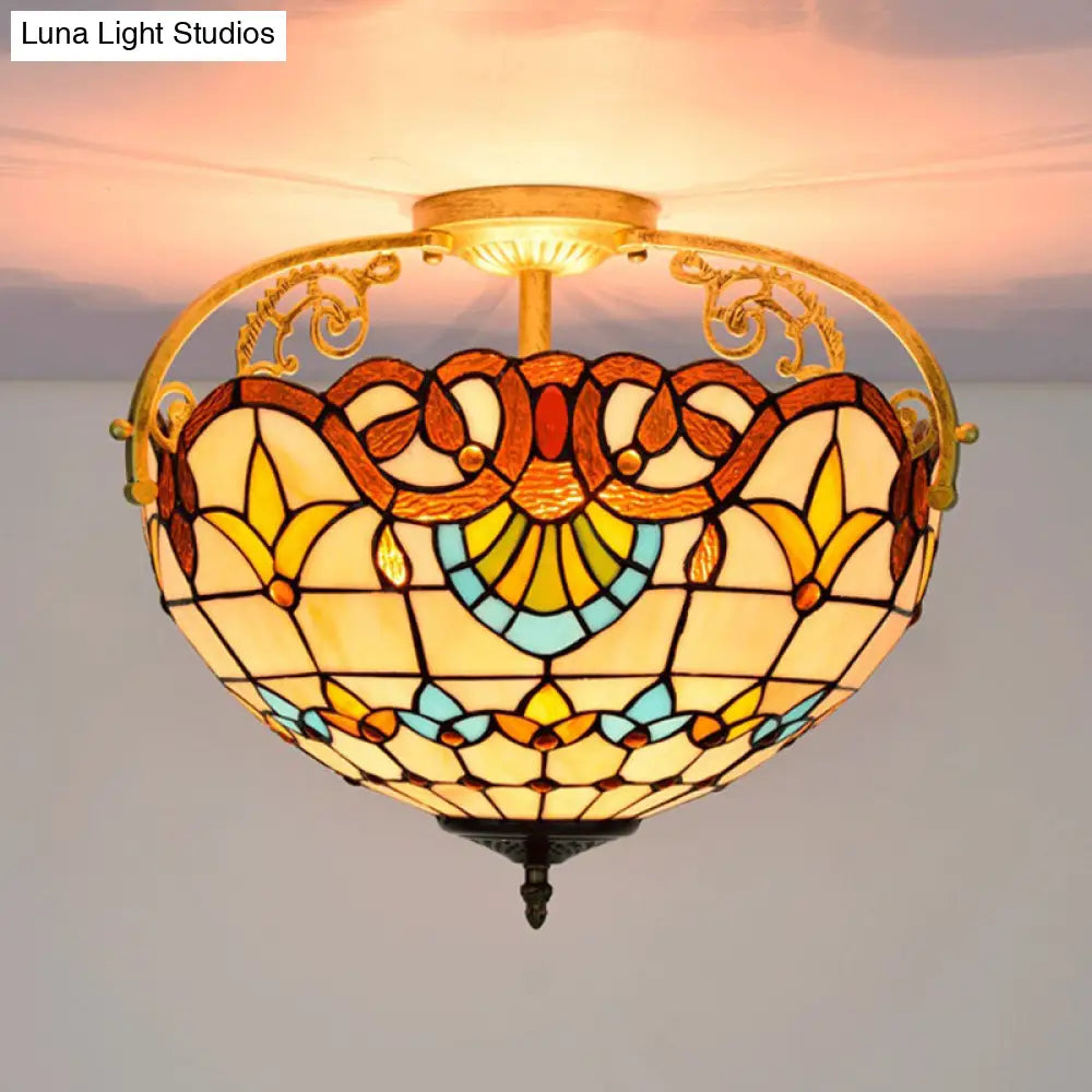 Tiffany Semi - Flush Kitchen Ceiling Light - 3 - Light Fixture With Stained Glass Bowl Shade