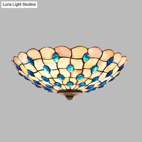 Tiffany Shell Blue Flush Ceiling Light Jeweled Bowl 3/4 Bulbs 16/21 Wide - Stylish Flushmount