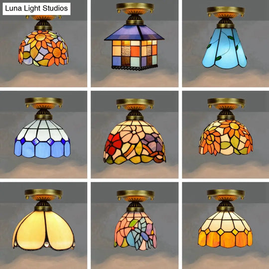 Tiffany Stained Art Glass Semi Flush Mount Ceiling Light - Single - Bulb Shaded Fixture
