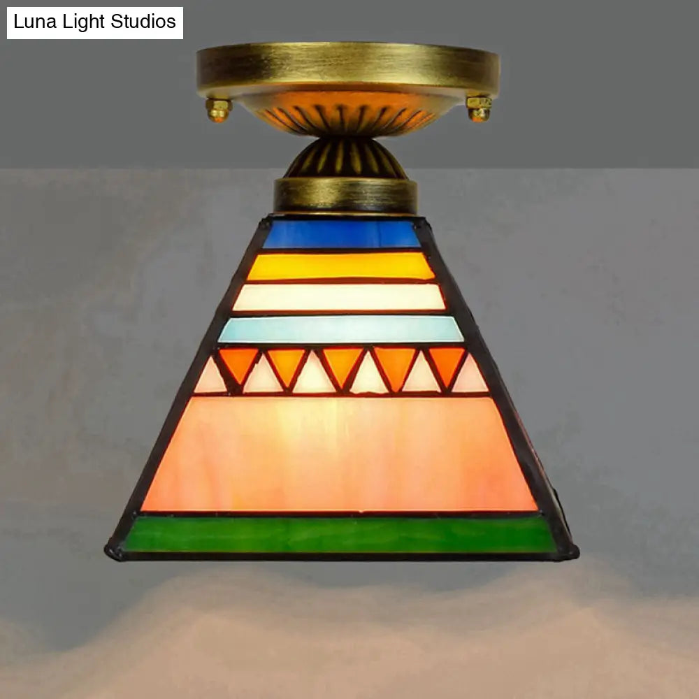 Tiffany Stained Art Glass Semi Flush Mount Ceiling Light - Single-Bulb Shaded Fixture Orange Pink