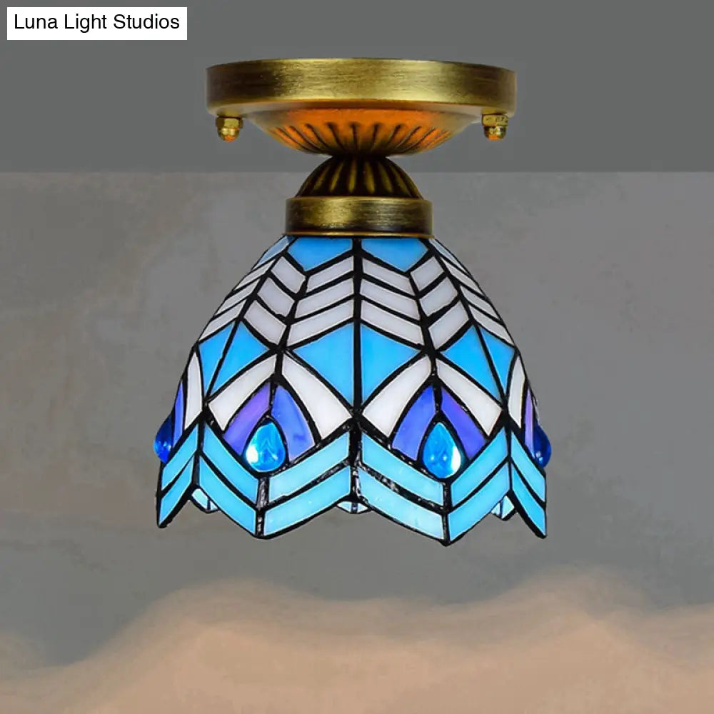 Tiffany Stained Art Glass Semi Flush Mount Ceiling Light - Single-Bulb Shaded Fixture Blue