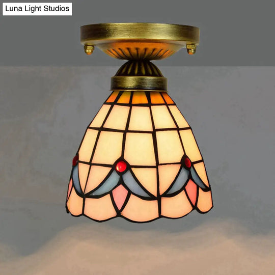 Tiffany Stained Art Glass Semi Flush Mount Ceiling Light - Single-Bulb Shaded Fixture White