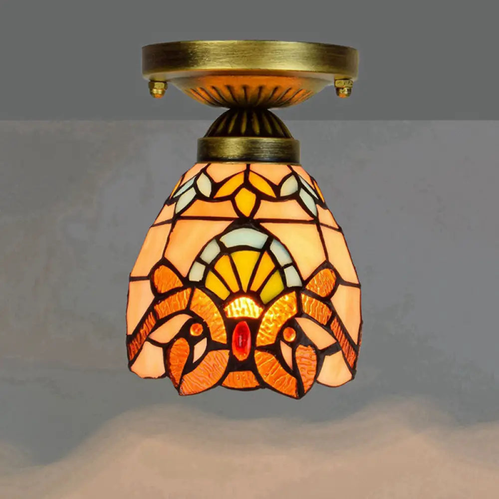 Tiffany Stained Art Glass Semi Flush Mount Ceiling Light - Single - Bulb Shaded Fixture Gold