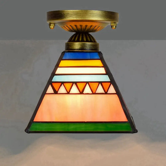 Tiffany Stained Art Glass Semi Flush Mount Ceiling Light - Single - Bulb Shaded Fixture Orange Pink