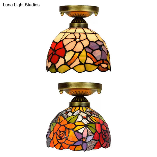 Tiffany Stained Glass Bedroom Ceiling Light: Antique Brass Semi-Flush Mount With Floral Shade