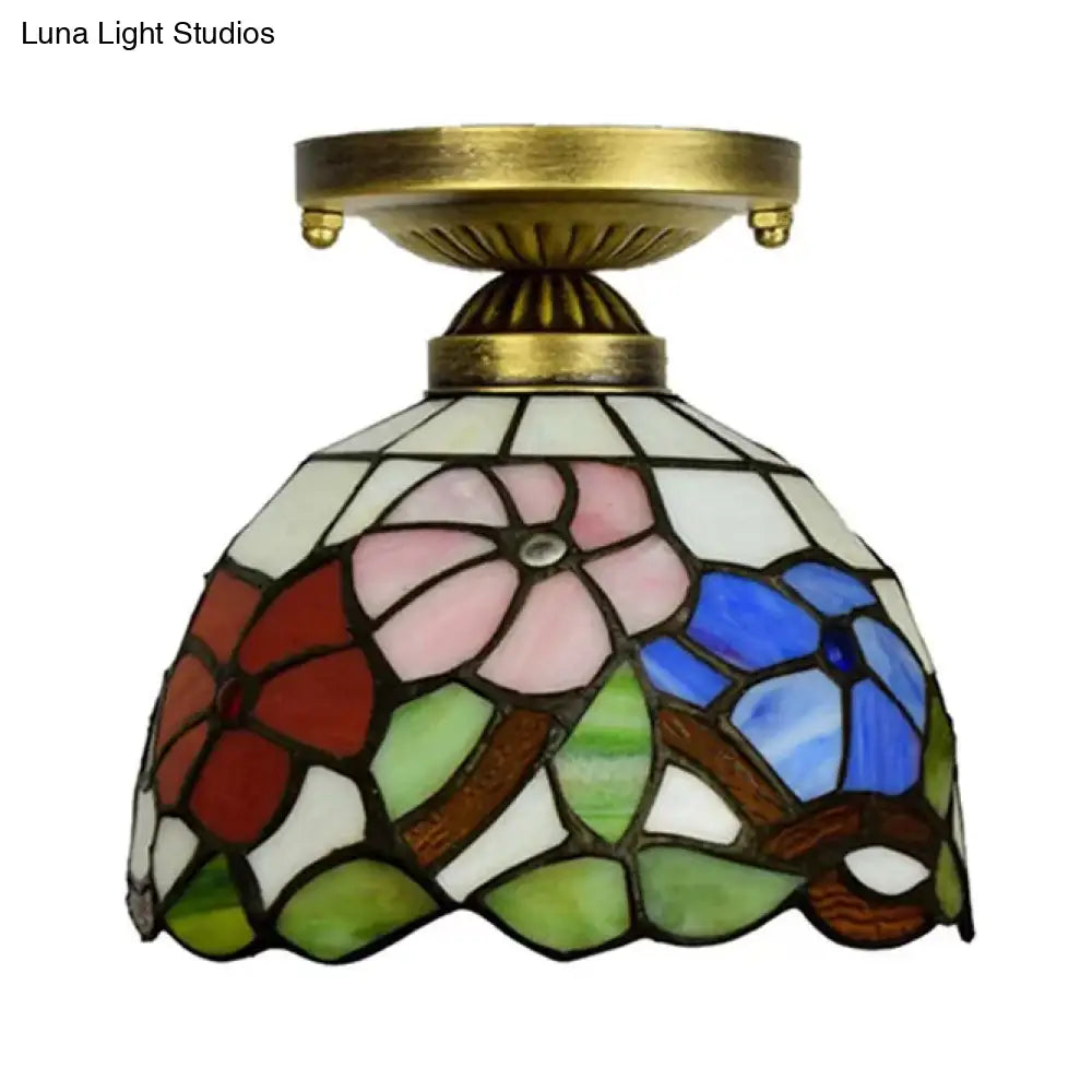 Tiffany Stained Glass Bedroom Ceiling Light: Antique Brass Semi-Flush Mount With Floral Shade