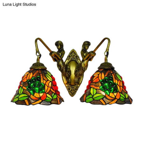 Tiffany Stained Glass Bell Sconce Light Fixture - Red Yellow Green 2 Heads Wall Mount Bedroom