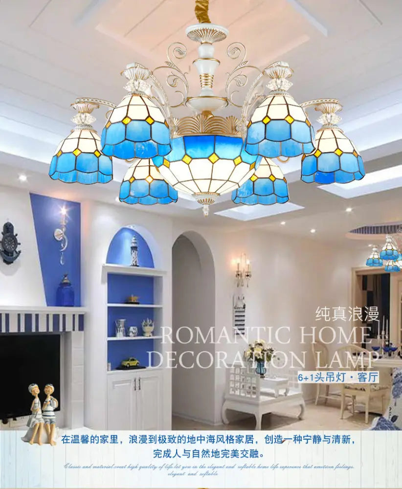 Tiffany Stained Glass Blue Chandelier Pendant Light with Grid Pattern 5/9/11 Lights 9 / Blue